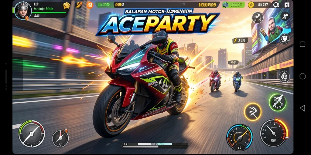 Screenshot gameplay ACEPARTY menunjukkan balapan motor yang seru dan adrenalin tinggi.