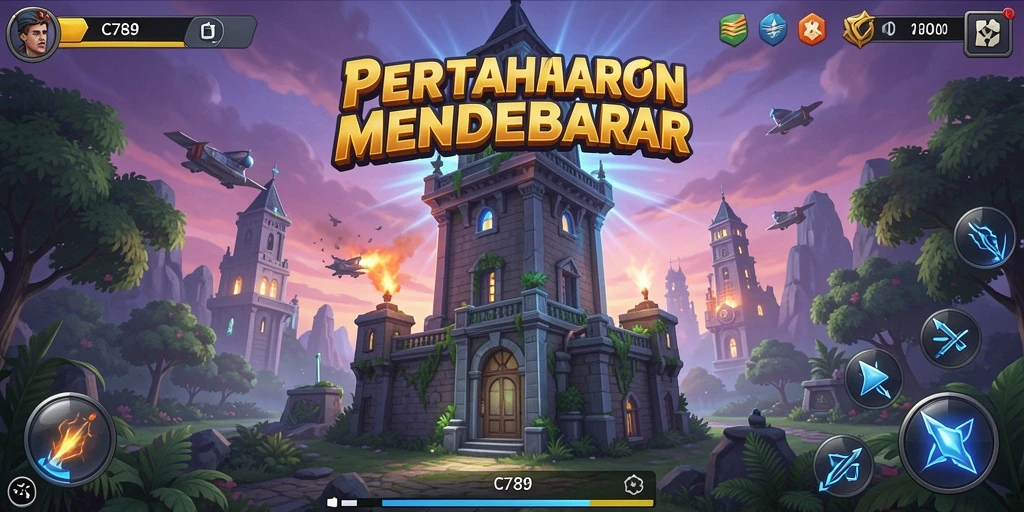 Tampilan gameplay seru dalam C789 dengan pertahanan menara strategis.