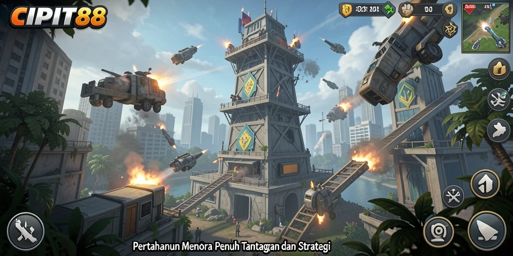Tampilan gameplay menara pertahanan yang dinamis dan strategis.