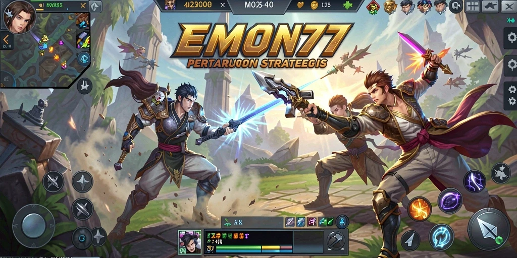 Tampilan penuh aksi dari gameplay MOBA di EMON77.