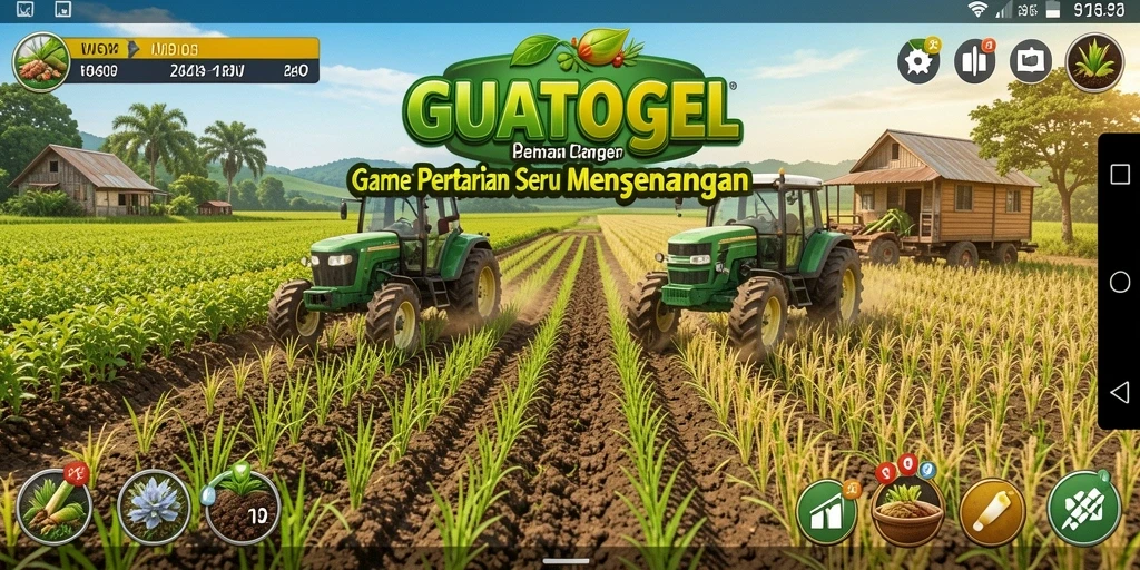 Tangkapan layar gameplay GUATOGEL menampilkan pertanian yang ramai dan berwarna-warni.
